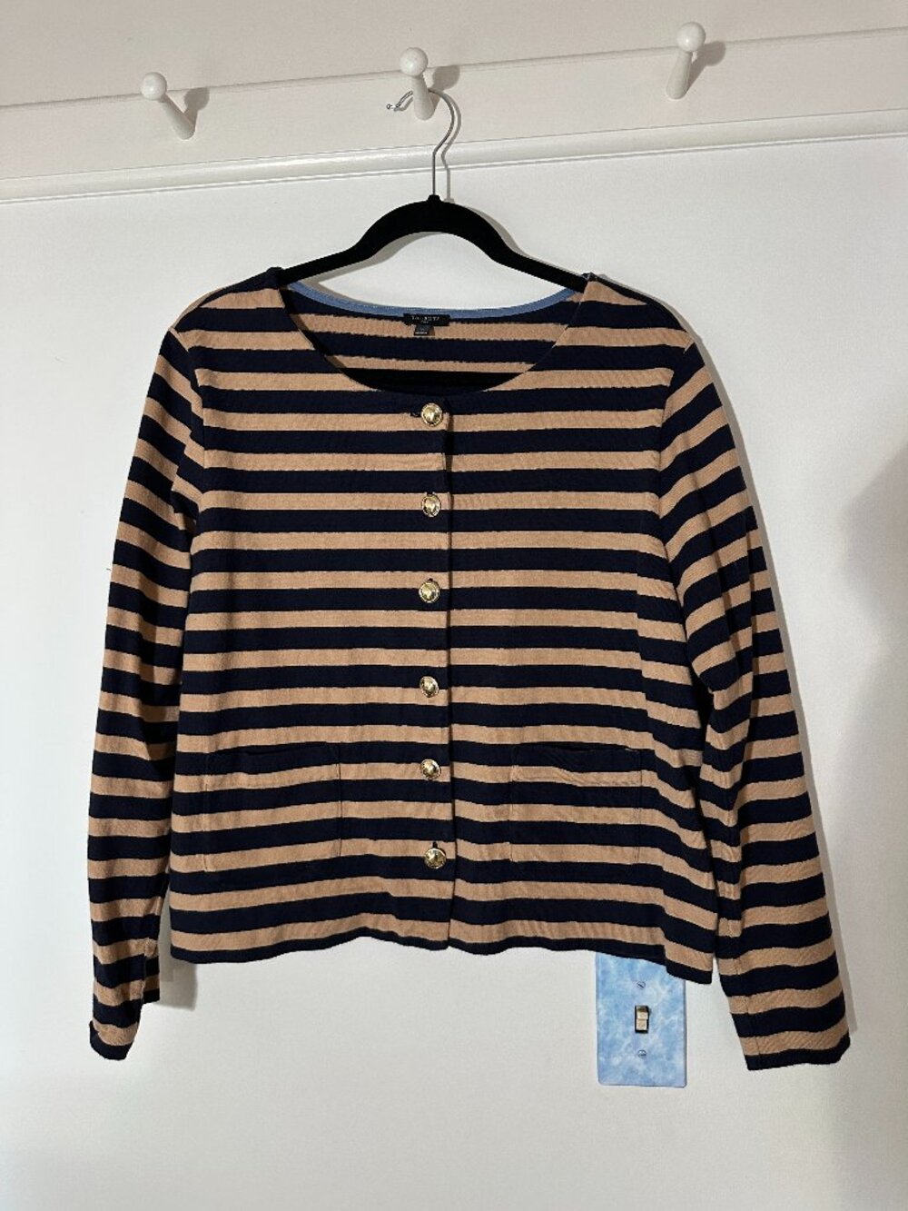 Talbots Plus Navy Camel Stripe Cardigan Jacket Gold Buttons Cotton 1X